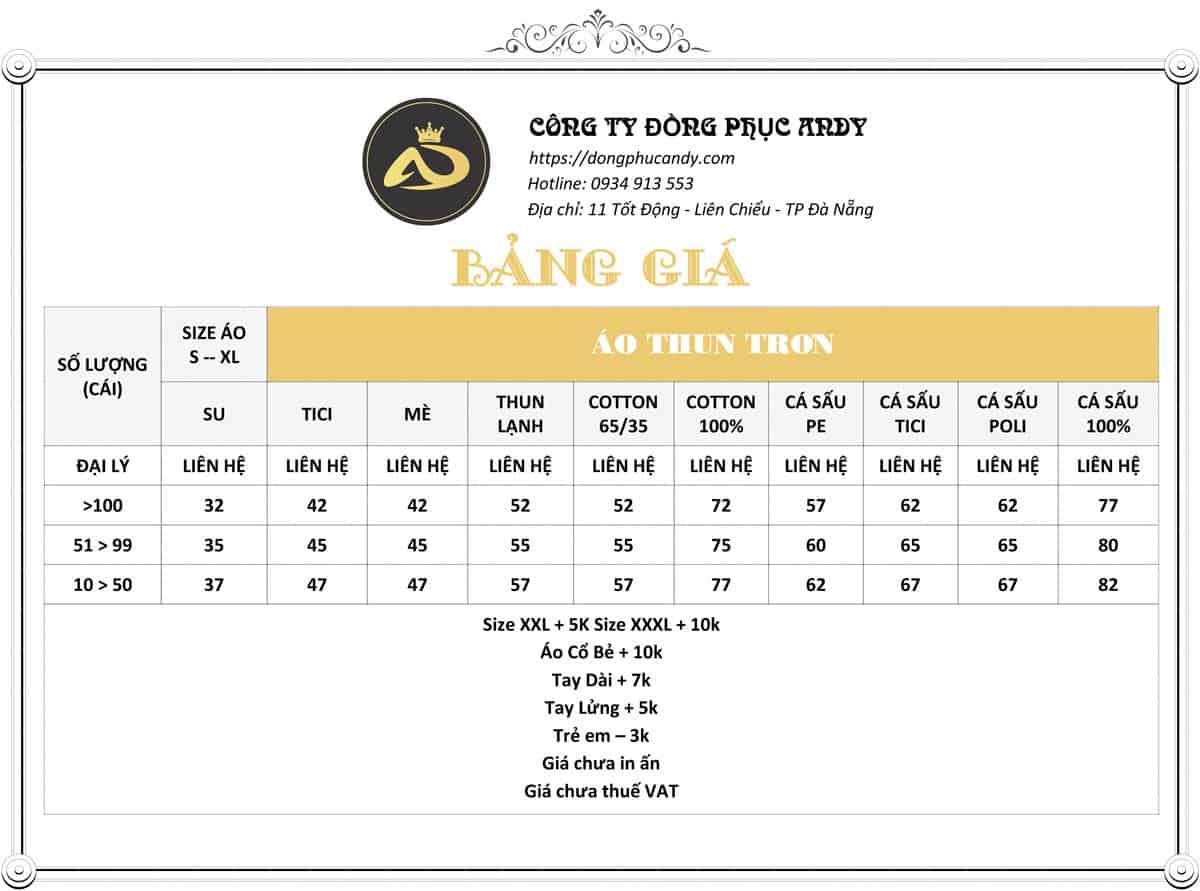 bảng giá áo thun trơn